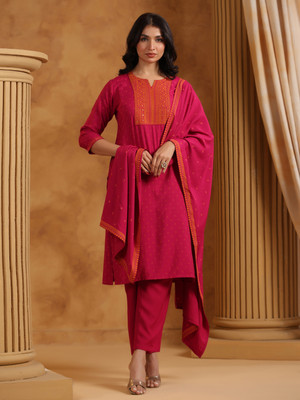 Span Women Self Design Straight Kurta(Pink)