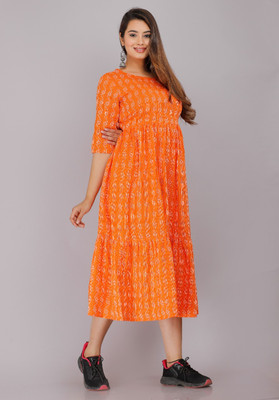 deepcreek Women Self Design Flared Kurta(Orange)