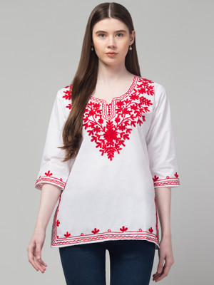 MILLIONS CHOICE STORE Women Embroidered Straight Kurta(White, Red)