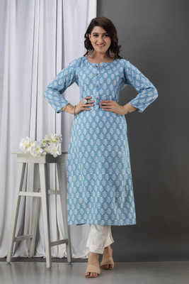 tavgun Women Printed Straight Kurta(Light Blue)