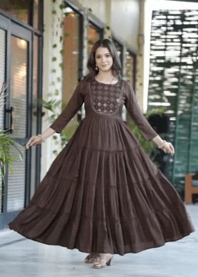 AASHLEY Women Embroidered Anarkali Kurta(Brown)