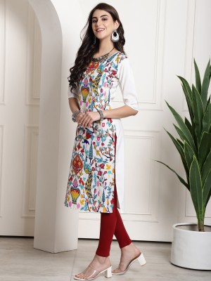 1 Stop Fashion Women Printed Straight Kurta(White)