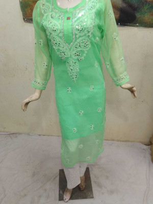 Handworkchikan Women Embellished A-line Kurta(Light Green)