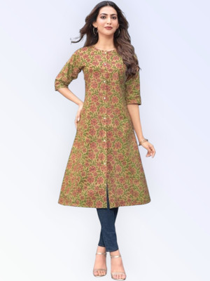 ABHI FAB Women Printed Straight Kurta(Beige)