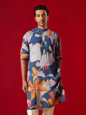 VASTRAMAY Men Printed, Floral Print Straight Kurta(Blue)