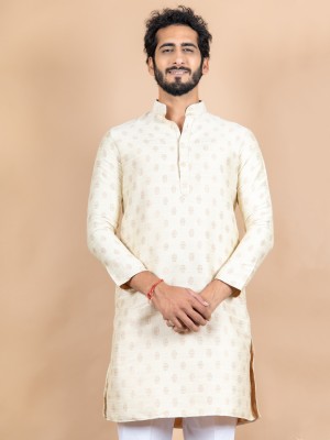 TISTABENE Men Embroidered Straight Kurta(White, Beige)