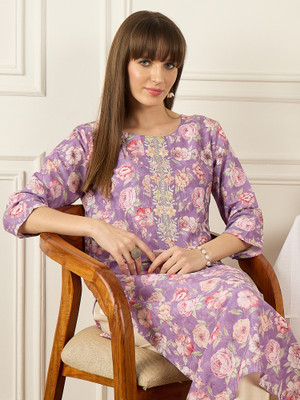 Indo Era Women Printed Straight Kurta(Purple)