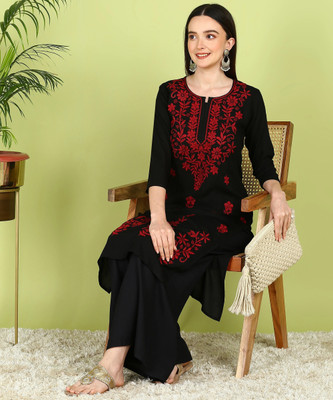 TOP N THREAD Women Self Design A-line Kurta(Black)