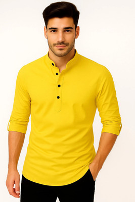 LYPLO Men Solid Straight Kurta(Yellow)