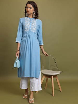 Vishudh Women Embroidered Ethnic Dress Kurta(Blue)