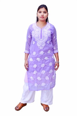 Ah creation Women Chikan Embroidery Ethnic Dress Kurta(Purple)