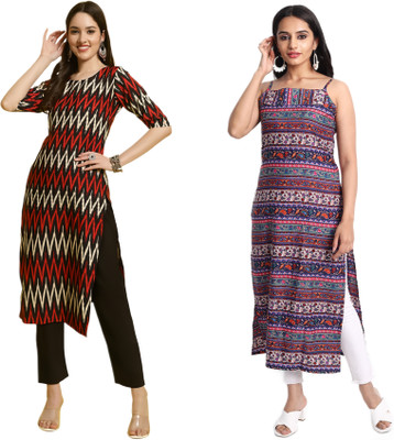 KAUTAQI Women Printed Straight Kurta(Multicolor)