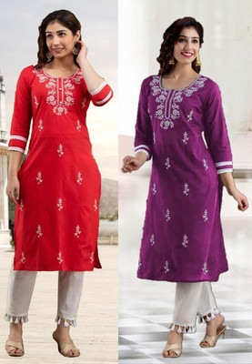 vikshi Women Chikan Embroidery Straight Kurta(Multicolor)