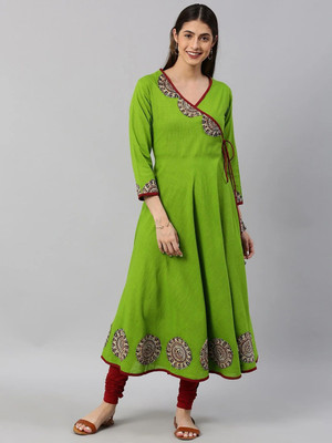 AKIKO Women Floral Print Flared Kurta(Green)