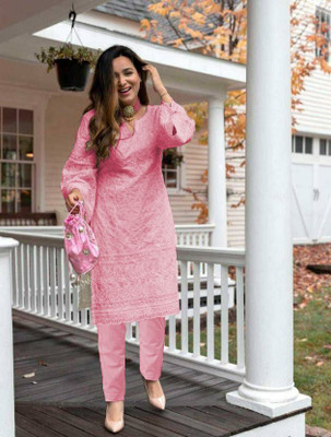 ZAZADIYA IMPEX Women Chikan Embroidery Straight Kurta(Pink)