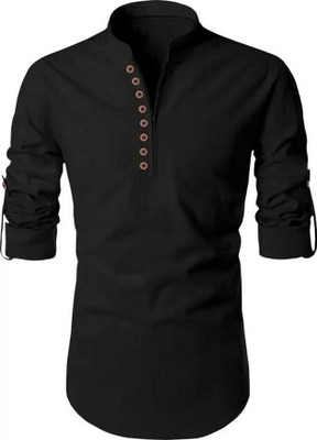 StoneHeart Men Solid Straight Kurta(Black)