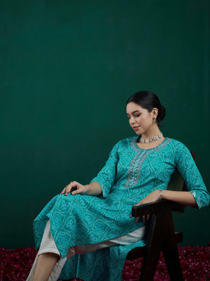 Indo Era Women Printed Straight Kurta(Light Green)