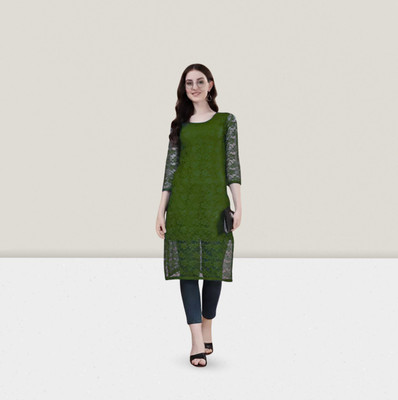HOC's Women Self Design Straight Kurta(Green)