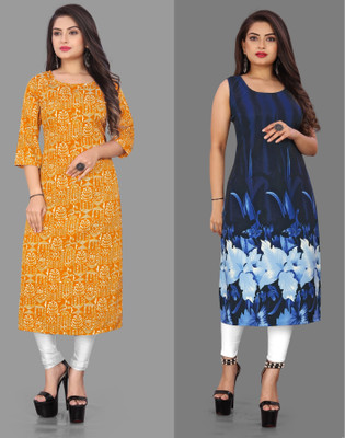 tanvi creation Women Printed Straight Kurta(Blue, Yellow)