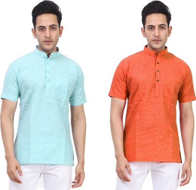 Kavita Fasion Men Solid Straight Kurta(Light Green, Orange)