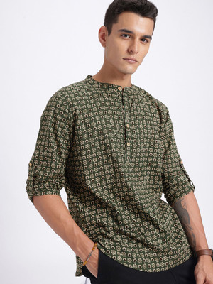 Anouk Rustic Men Geometric Print Straight Kurta(Green)
