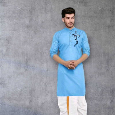 Mamta Biswas Men Printed Straight Kurta(Light Blue)