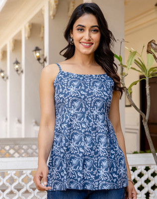 Anmi Floral Print, Printed Women Flared Kurta(Blue, White)