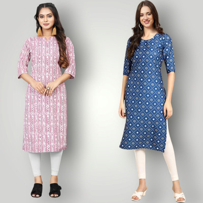 KAUTAQI Women Printed, Striped Straight Kurta(Multicolor)