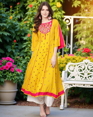 PANNKH Women Printed Anarkali Kurta(Pink, Yellow)