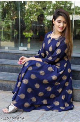 Rachuri Women Printed Flared Kurta(Blue)