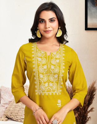 Skylee Women Chikan Embroidery, Embellished, Dyed/Ombre, Self Design Straight Kurta(Yellow)