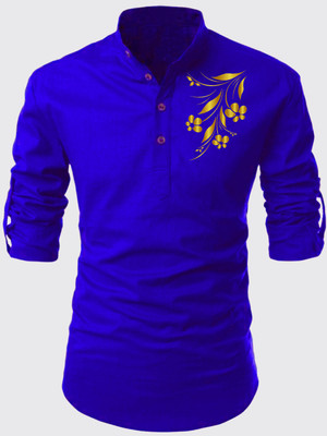 DIMMY Men Floral Print Straight Kurta(Dark Blue)