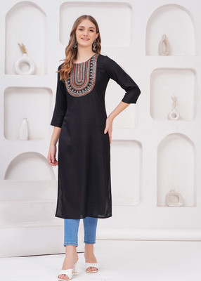 Satya Women Embroidered Straight Kurta(Black)
