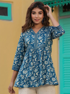 New RJP Craft Women Printed Flared Kurta(Blue)