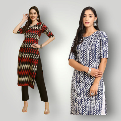 KAUTAQI Women Printed Straight Kurta(Multicolor)