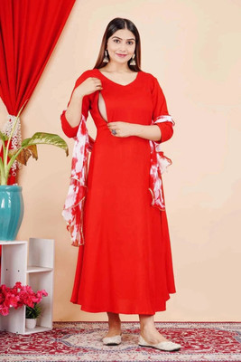 Padhatti Women Solid Anarkali Kurta(Red)