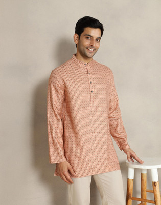 Fabindia Men Printed Straight Kurta(Pink)