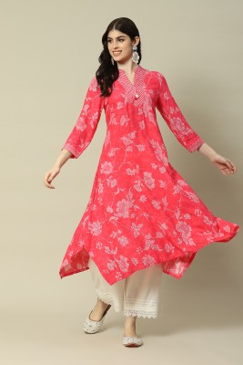 RANGRITI Women Printed Flared Kurta(Pink)