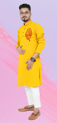 Biswas Fab Men Printed Straight Kurta(Yellow)