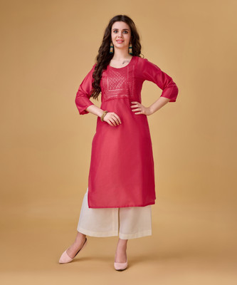 Beshas Studio Women Patchwork Straight Kurta(Red)