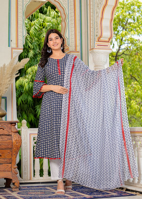 Yash Gallery Women Floral Print A-line Kurta(Blue)