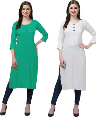 Coft Women Solid Straight Kurta(Green, White)