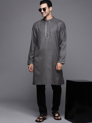 Indo Era Men Solid Straight Kurta(Grey)