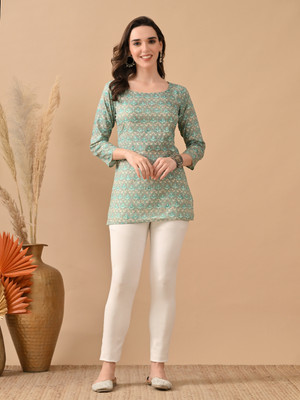 Hariks Women Printed Straight Kurta(Light Green)