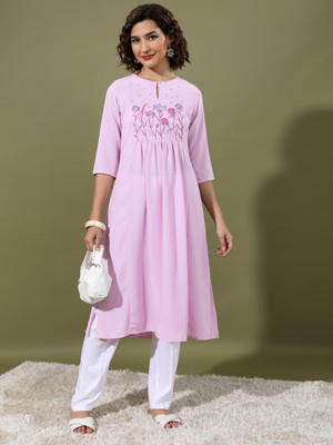 Vishudh Women Printed A-line Kurta(Purple)