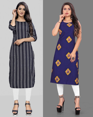 tanvi creation Women Printed Straight Kurta(Blue, Black)