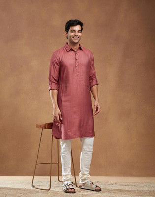Fabindia Men Striped Straight Kurta(Red)