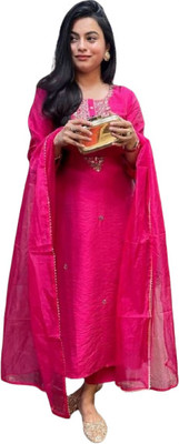 Fabricfantacia Women Embroidered, Self Design A-line Kurta(Pink)