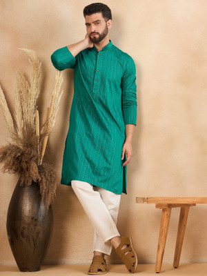 HERE&NOW Men Striped Straight Kurta(Light Green)