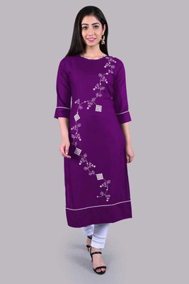 ShopGlobal Women Printed Straight Kurta(Purple)